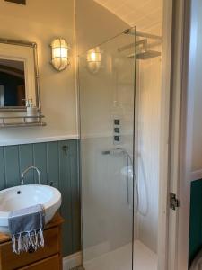 a bathroom with a glass shower and a sink at Shepherds Hut with Scandinavian Hot Tub and hydromassager in Sway