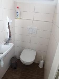 La petite salle de bains est pourvue de toilettes et d'un lavabo. dans l'établissement Wohnung mit 5 Zimmern für bis zu 10 Personen, à Amstetten