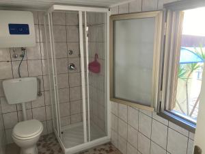 a bathroom with a shower with a toilet and a window at Rio Rest Apartments in Riomaggiore