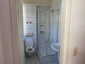 a bathroom with a shower and a toilet and a sink at Gasthaus Lamm in Waldenbuch