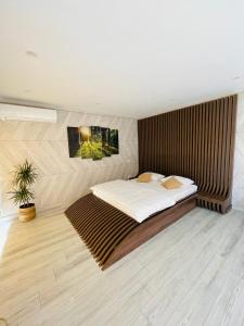 巴亞德菲耶爾的住宿－Transalpina Tiny House - outdoor jacuzzi，一间卧室配有一张木墙床