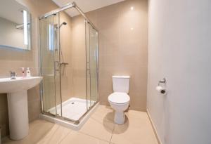 een badkamer met een douche, een toilet en een wastafel bij Rooftop Apartment At Queens Beautiful views in Belfast
