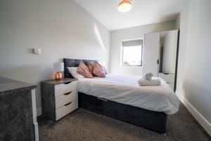 a bedroom with a large bed and a mirror at Rooftop Apartment At Queens Beautiful views in Belfast