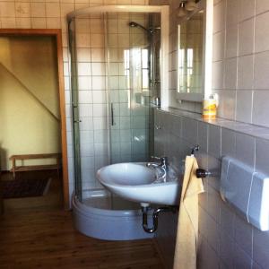 a bathroom with a sink and a shower at Ferienwohnung Rosenlehner in Kiefersfelden