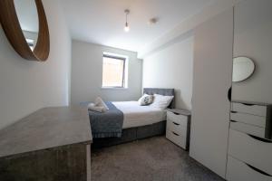 a small bedroom with a bed and a mirror at BOTANIC APARTMENT SLEEPS 6 in Belfast