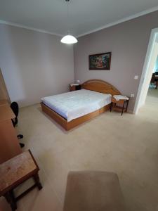 1 dormitorio con 1 cama en una habitación blanca en kaite house, en Kozani