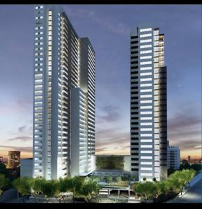 a rendering of three tall buildings in a city at FlatsRose BR Executivo BrookField Flamboyant Conforto Top in Goiânia