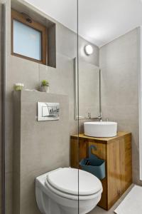 a bathroom with a toilet and a sink at Silver Bungalow in Săcele +109 photos