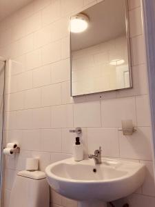 ein Badezimmer mit einem Waschbecken, einem WC und einem Spiegel in der Unterkunft 'Bloomfield' at stayBOOM in Lancaster
