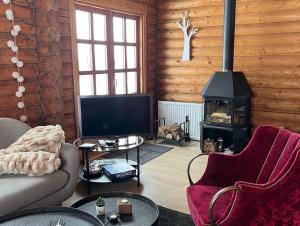 a living room with a fireplace and a stove at Cosy cabin with amazing view on the Geysir in Blaskogabyggd