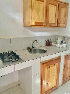 a kitchen with a sink and a stove at Queen Zee Garden Apartments in Kololi