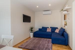 salon z niebieską kanapą i telewizorem w obiekcie Lianne Apartman w Miskolc-Tapolca