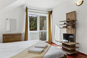 a bedroom with a bed and a tv and a window at Casa Georgea in Săcele