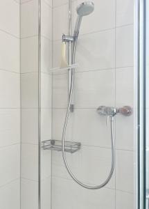 La salle de bains est pourvue d'une douche avec un pommeau de douche. dans l'établissement Bezaubernde Wohnung in zentraler Lage, à Karlsruhe
