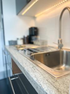 - un comptoir de cuisine avec évier en acier inoxydable dans l'établissement Bezaubernde Wohnung in zentraler Lage, à Karlsruhe