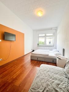 1 dormitorio con 1 cama y TV en la pared en Bezaubernde Wohnung in zentraler Lage, en Karlsruhe