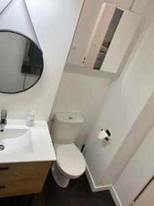 a bathroom with a toilet and a sink and a mirror at Deux pièces cosy à La Croisette in Carrières-sous-Poissy