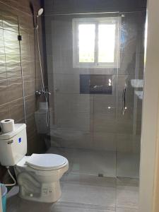 a bathroom with a toilet and a glass shower at Bongo Lodge in Las Galeras