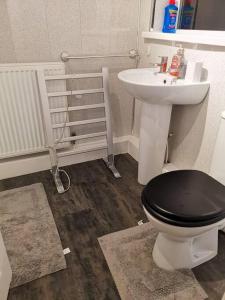 a bathroom with a black toilet and a sink at Sommerset Cottages - 2 BR House in Sunderland
