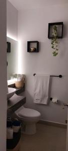 a white bathroom with a toilet and a sink at Estudio acogedor con vista al mar in Nuevo Vallarta