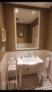 a bathroom with a white sink and a mirror at Dot's Landing Garden Room in Niagara on the Lake