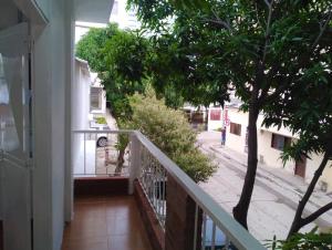 einen Balkon eines Hauses mit einem Baum und einer Straße in der Unterkunft Hostal Casablanca Santa Marta in Santa Marta