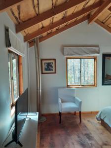 a bedroom with a bed and a desk and a chair at Refugio369cl - LodgeTenisPuconcl in Pucón