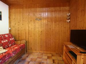salon z kanapą i telewizorem oraz drewnianymi ścianami w obiekcie Appartement cosy 5 pers., pied des pistes, balcon est, proche commerces, parking & services - FR-1-572-94 w mieście Arâches-la-Frasse