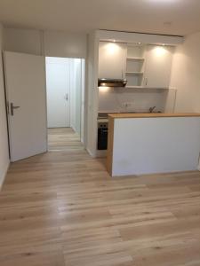 an empty room with a kitchen and a counter at City Center Apartment in Munich
