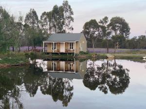 uma casa sentada em cima de uma massa de água em Farm Cottage close to Dubbo em Dubbo
