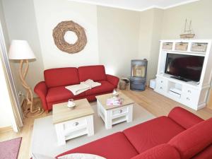 ein Wohnzimmer mit einem roten Sofa und einem TV in der Unterkunft Haus Mönchgut - Haushälfte 2 "Findling" in Alt Reddevitz