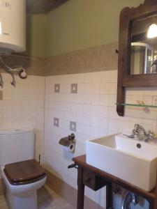 a bathroom with a sink and a toilet and a mirror at Casa Rural El Ñeru in Llanes