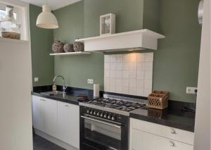 a kitchen with green walls and a stove top oven at Next To Sea in Vlissingen