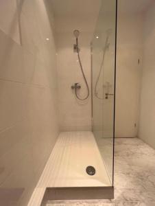 a bathroom with a shower with a glass door at Hotel Adrett am Dom in Cologne