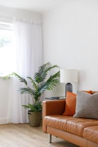 un soggiorno con divano marrone e pianta di Beachside Retreat 2-Bedroom Gem with FREE Private Parking & Outdoor Space a Brighton & Hove