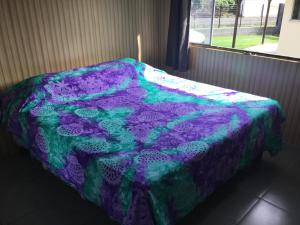 fioletowe i zielone łóżko w pokoju z oknem w obiekcie Fare To'erau & Mara'amu w mieście Papetoai