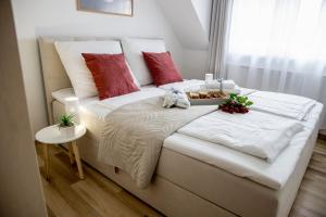 a bedroom with a bed with red pillows at Rose Gold Apartment in Zalaegerszeg