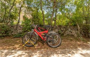 a red bike parked next to a stone wall at Pet Friendly Apartment In Pinezici With Wifi in Pinezici