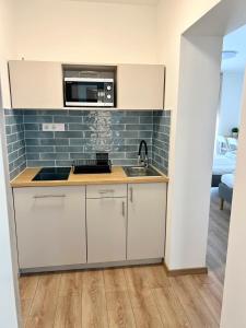 a kitchen with a sink and a microwave at Panoráma Apartman Mogyoród in Mogyoród