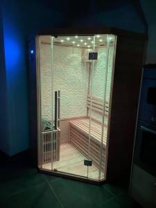 ducha con mampara de cristal en una habitación en La Suite Chambre d’hôtes Spa et Sauna, en Aire-sur-la-Lys