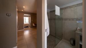 a bathroom with a walk in shower and a glass door at Equestre BnB in Pietermaritzburg