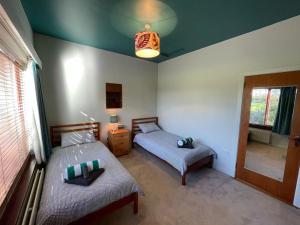 斯特蘭福德的住宿－Castlepoint，一间卧室设有两张床和窗户。