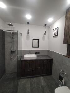 a bathroom with a sink and a shower at Fajny apartament z parkingiem, obok metra. in Warsaw