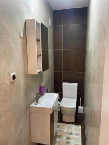 a bathroom with a white sink and a toilet at DAF apartaments in Pristina +17 photos