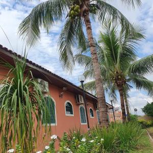 a house with two palm trees in front of it at Hotel Recreio dos Bandeirantes in Sertãozinho
