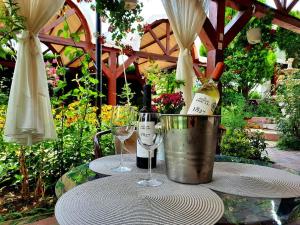 a table with two glasses and a bucket of wine at Vila Boema in Marghita