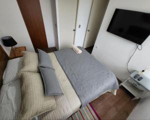 a bedroom with a bed and a couch and a flat screen tv at Departamentos Concepcion Centro in Concepción