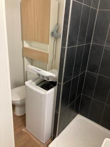 a bathroom with a toilet and a trash can at Studio face aux montagnes Font-Romeu in Font-Romeu-Odeillo-Via