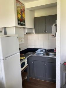 a kitchen with a white refrigerator and a sink at Studio face aux montagnes Font-Romeu in Font-Romeu-Odeillo-Via