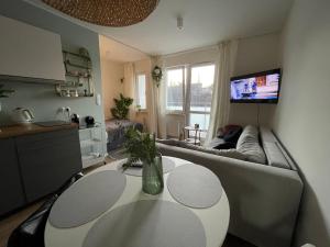 Televízia a/alebo spoločenská miestnosť v ubytovaní cosy condo 5 min do plaży z balkonem Gdynia